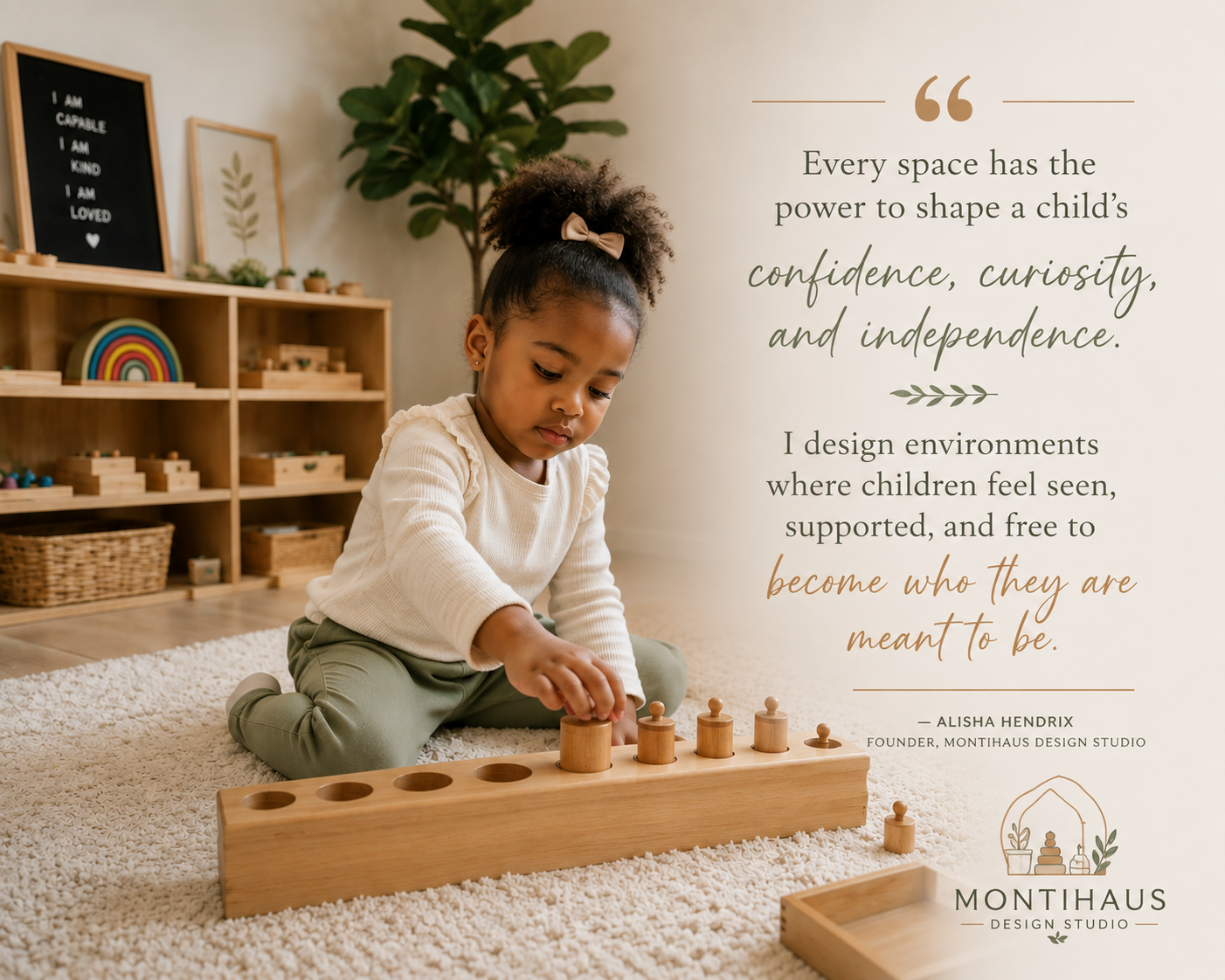 Child playing independently with wooden Montessori toys