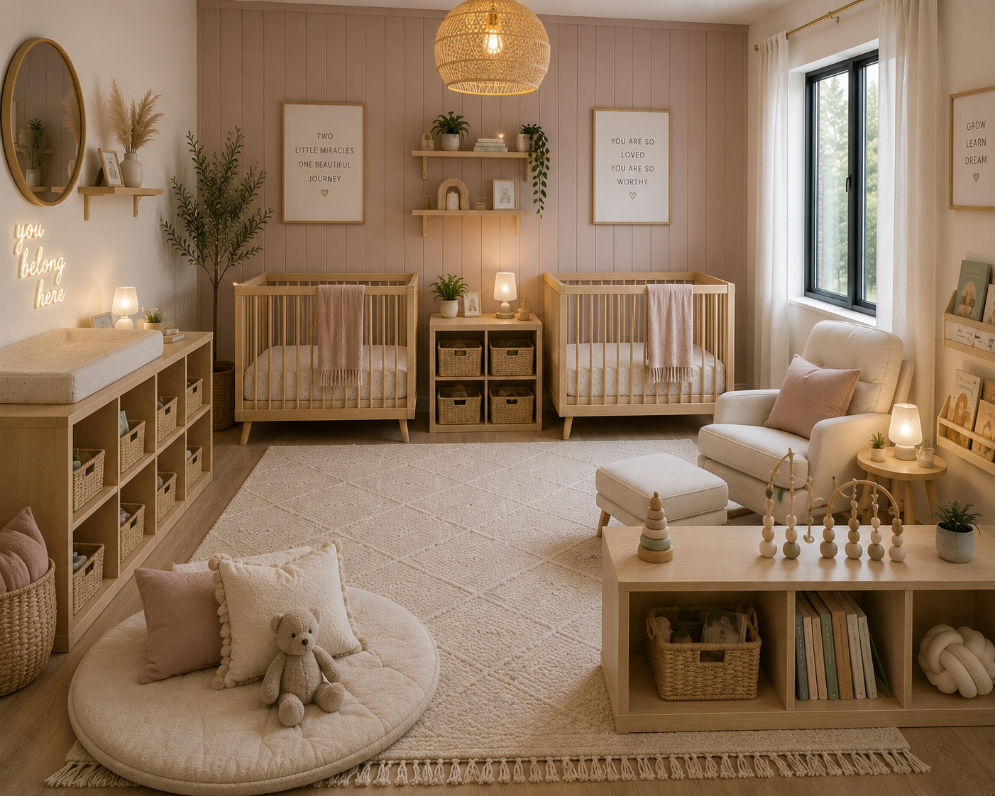 Modern Montessori nursery with twin cribs